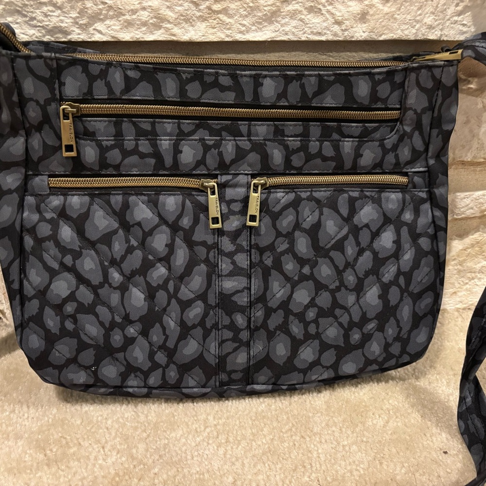 Travelon grey and black cheetah print large crossbody